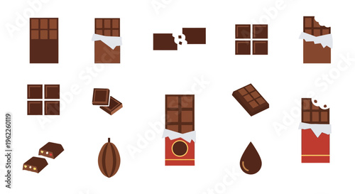 A Vector Illustration of Various Chocolate Bars, Cocoa Pods, and Chocolate Drops