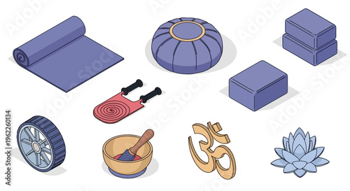 Isometric illustration of yoga equipment, meditation items, and spiritual symbols in a set