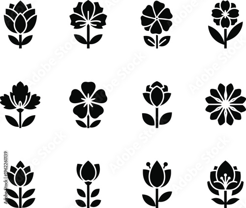 Twelve stylized black flower on white background symbol simple