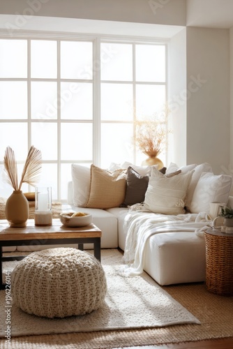 A well-lit, modern living room with a comfortable couch and pillows, wicker side table, plant, and sunny window seat.