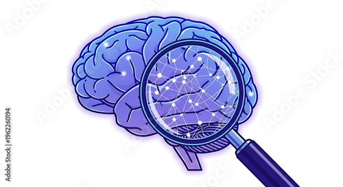 A magnifying glass examines a brain with a network of connections, symbolizing analysis and insight.