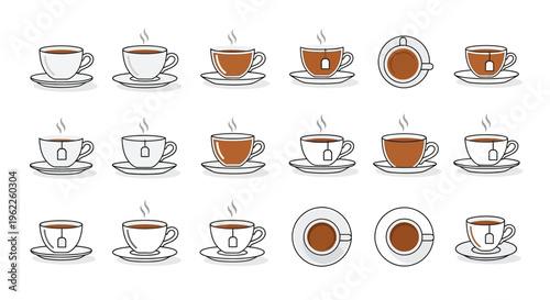 Illustration of various steaming tea cups in different views, perfect for design and usage
