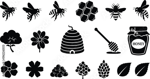 Silhouette of bees and beekeeping tools isolated on transparent background