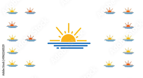 Sunrise imagery with stylized sun and water elements, a visually appealing illustration