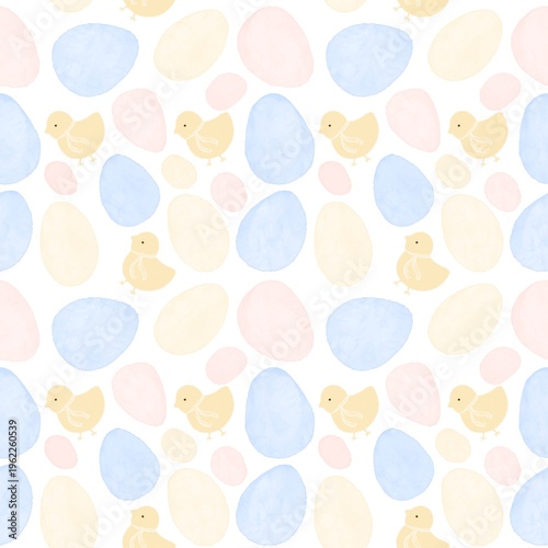 Canvas-taulu Watercolor Easter seamless pattern with chicks and pastel eggs, cute background