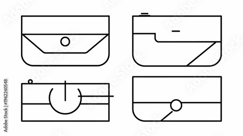 Four stylized illustrations of handbags or similar accessories in simple black outline style