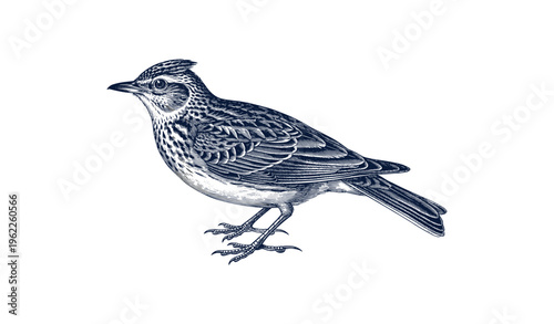 Detailed drawing of a skylark bird with textured feathers and distinctive plumage