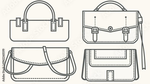 Line art illustration of four different styles of handbags, featuring various shapes and handles