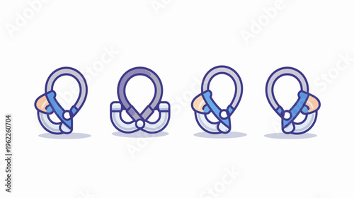 Four stylized illustrations of carabiners, showing various aspects of the device in a flat, cartoon style