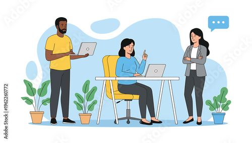 Team of businesspeople working with computers having conversation and dialogue together at work. Laptop and papers lie open on the desk. Bright light fills the clean, minimalist office