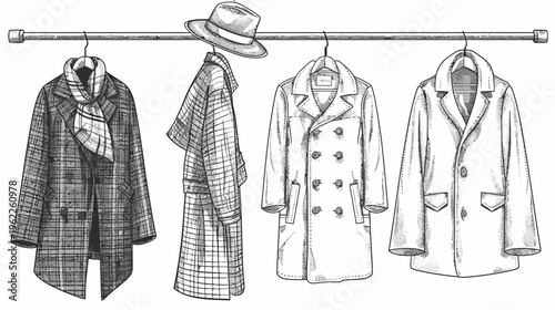 Four coats on a rod, drawn in black and white, featuring varying styles and details, with a hat present