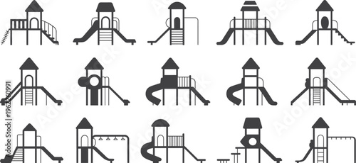 Playground equipment icons set grey silhouette slides climbing frames kids park vector illustration collection