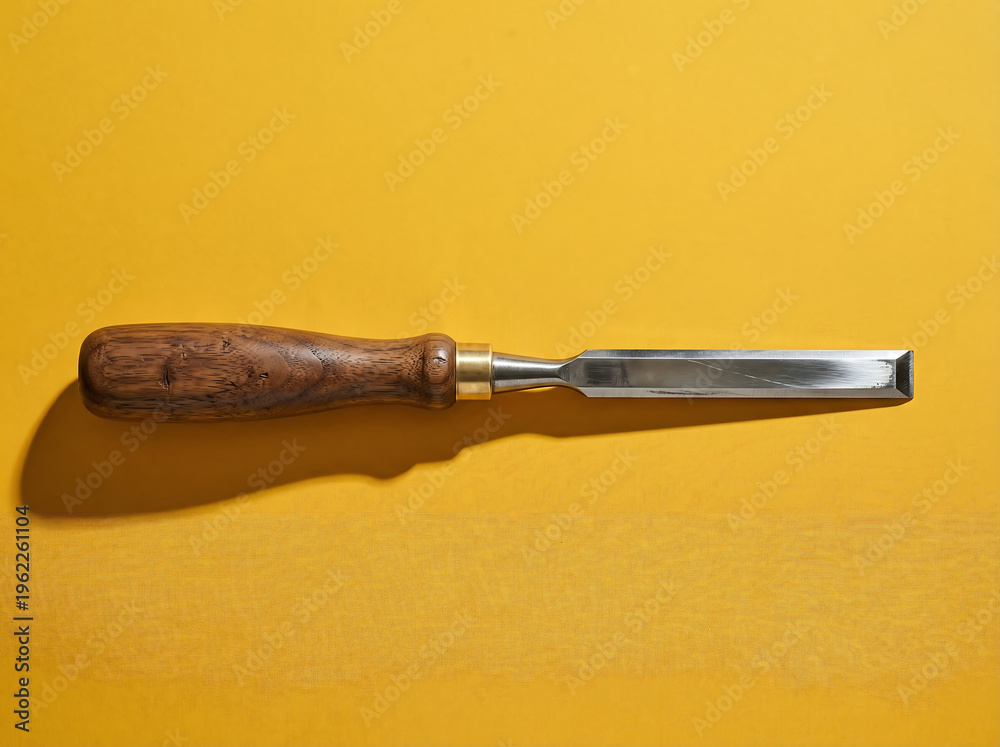 Obraz premium Minimalist Woodworking Chisel Photograph Polished Steel Walnut Handle Mustard Background