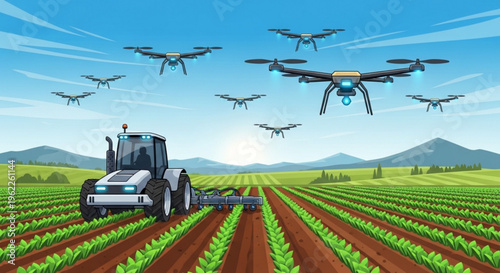 Tractor with drone swarm flying over cultivated field with young green plants under blue sky and distant mountains