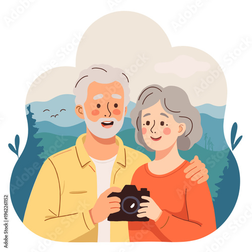Elderly couple smiling while taking a photo in nature background. Elderly set