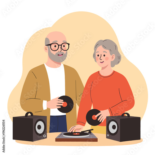 Elderly couple enjoying music while playing vinyl records at home. Elderly set