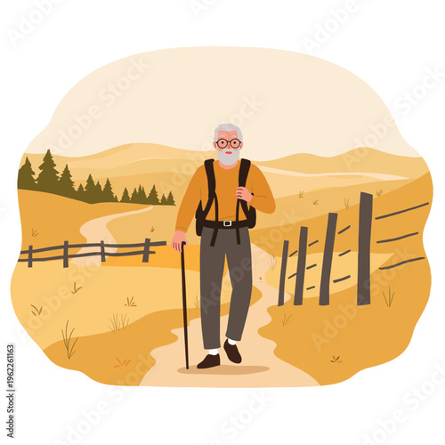 Elderly man hiking on trail with walking stick in scenic autumn landscape. Elderly set