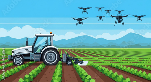 Tractor with drone swarm flying over cultivated farm field with rows of crops and mountains in background under blue sky