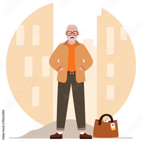 Elderly man standing confidently with hands in pockets near city buildings. Elderly set