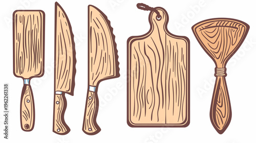 Stylized illustration of wooden kitchen tools including knives, cutting board, and spatula