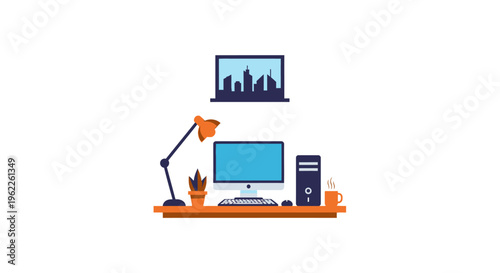 Minimalist Desktop Setup: Computer, Lamp, Cityscape, and Workplace Design Illustration