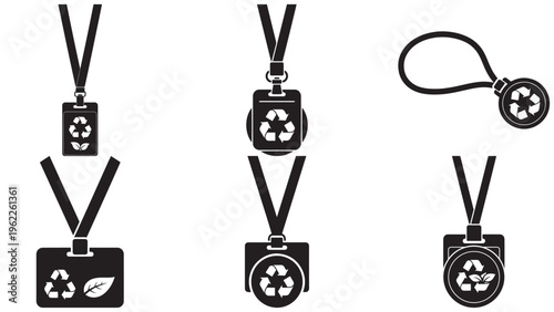 Black Solid Eco-Friendly Conference Lanyards and Recycled Badges, Featuring Environmental Symbols, Perfect for Sustainable Event Identification, Isolated on White Background.