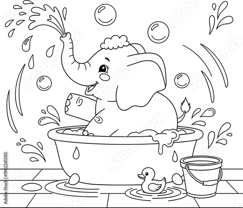 Cute elephant bathing coloring page outline cartoon animal in bathtub with bubbles kids activity book line art vector illustration