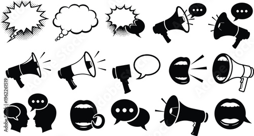 Silhouette of various megaphones and speech bubbles isolated on transparent background