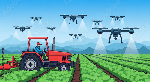 Tractor in a field with drones flying overhead for precision agriculture and crop management