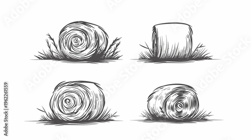 Hand-drawn illustrations depicting hay bales in a field, accompanied by grass. Monochrome style