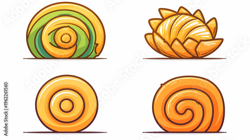 Four cartoonish illustrations of snails or snail-like forms in various coiled and patterned shapes