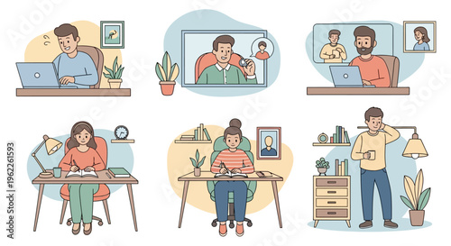 People working from home and attending online meetings during the pandemic.