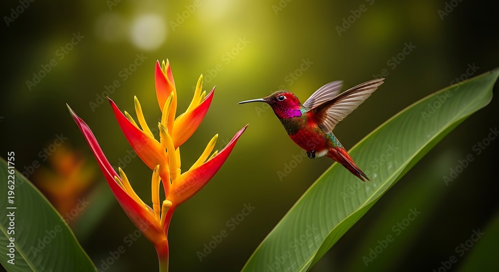 Fototapeta premium Hummingbird hovers near a vibrant orange and red heliconia flower