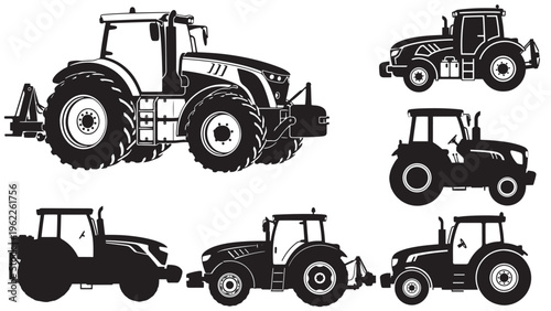 Collection of detailed and simplified black and white tractor silhouettes, representing modern agricultural machinery and farming vehicles for industrial use.