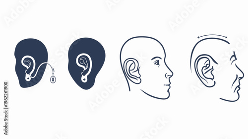 A medical illustration showcasing the ear's anatomy and a hearing aid's various designs, along with measurements