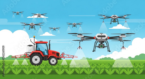 Tractor and drones spraying pesticides on a green field with blue sky and white clouds