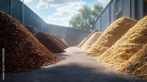 Timber Yard Sunlight Illuminates Graded Piles of Wood Chips and Mulch.