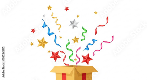 Brown cardboard gift box with colorful stars and ribbons exploding out symbolizing surprise and celebration on a white background