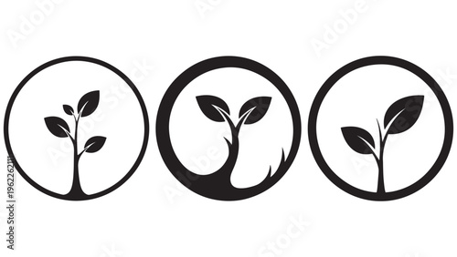 Three minimalist black and white vector icons depicting growing green plants inside circular frames, symbolizing nature, sustainability, and environmental care.