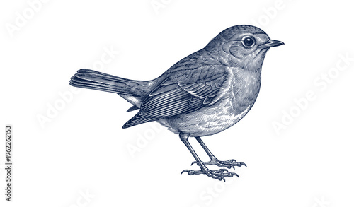 Detailed illustration of a small bird with intricate feather patterns in blue ink