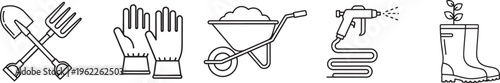 Black and white line drawing of various gardening tools and accessories