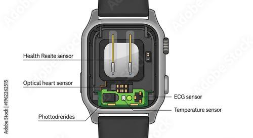 A detailed vector illustration of a smartwatch with labeled internal components, showcasing health and fitness technology.