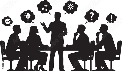 Business meeting, brainstorming team, discussion silhouettes, office collaboration, black icons