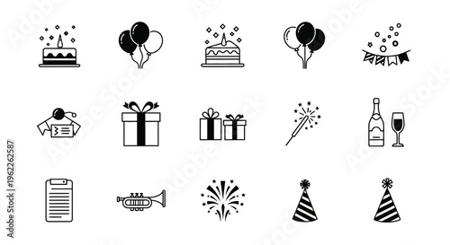 Set of black and white party and celebration icons.