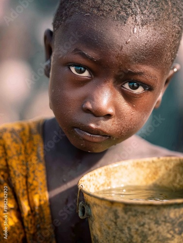 Young boy drinking from a metal container. Image suggests water scarcity or aid needed.