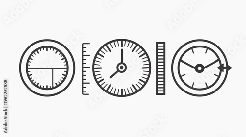 A monochrome illustration showcasing three circular timekeeping devices with different internal elements