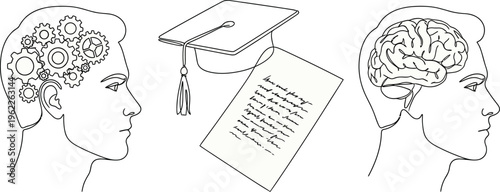 Mental health problem, psychology and business education concept. Vector one line art illustration. Human head profile with jigsaw puzzle, cog and brain by continous line isolated on white background.