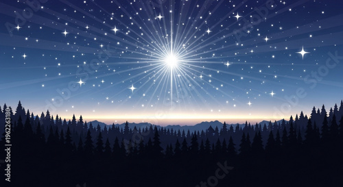 Starry night sky with bright star and forest silhouette at dusk or dawn celestial landscape with mountains