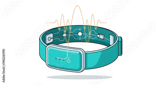 A teal smartwatch with a sleek design and electronic pulse lines illustrating its health monitoring features.