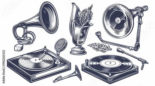 Vintage-style illustration of gramophones, a vase with leaves, and vinyl record players